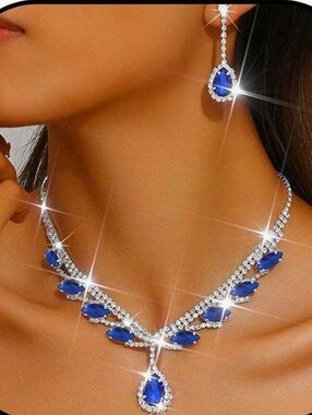 Elegant Silver Necklace and Earring Set with Blue Stones - Women Jewelry